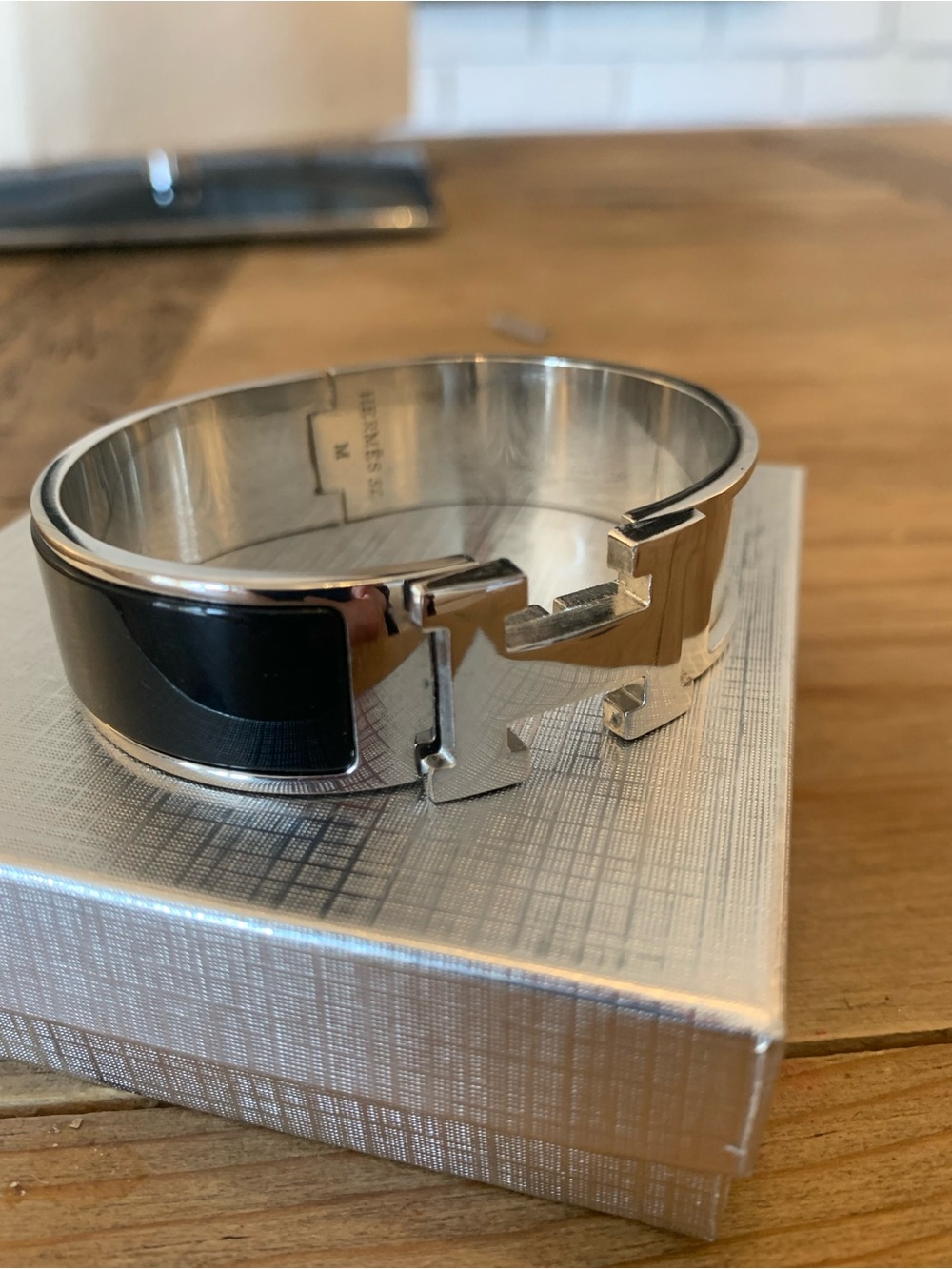 Hermes La Maison Silver and Black Enamel Cuff Bracelet